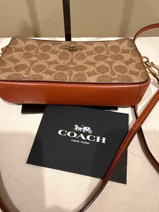 Coach Brown Signature Coated Canvas Crossbody with Tan Leather Trim - Picture 11 of 12
